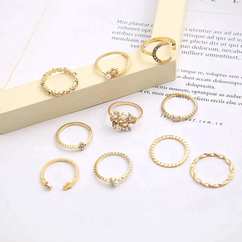 Bohemian Silver and Gold Ring Set - 10 Pairs