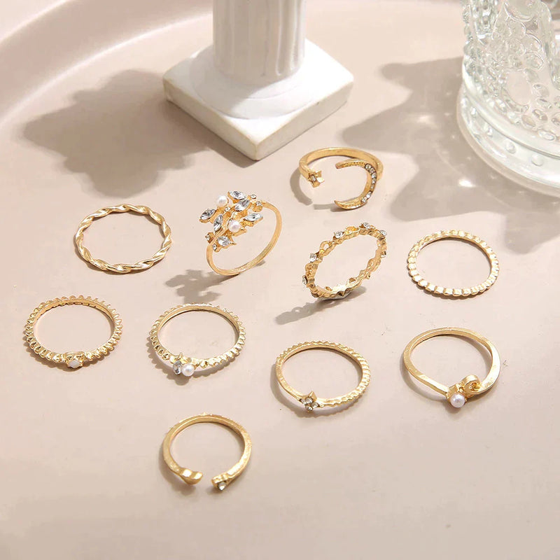 Bohemian Silver and Gold Ring Set - 10 Pairs