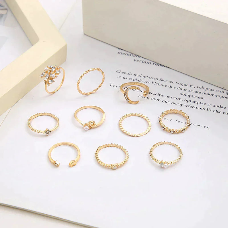 Bohemian Silver and Gold Ring Set - 10 Pairs