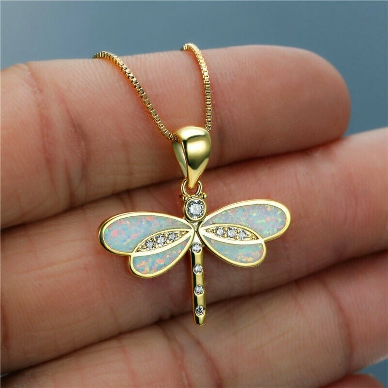 Opal-Embellished Dragonfly Gold Necklace