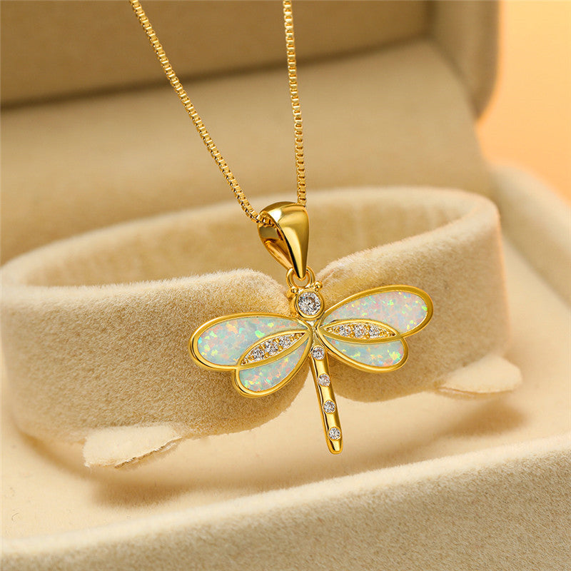 Opal-Embellished Dragonfly Gold Necklace