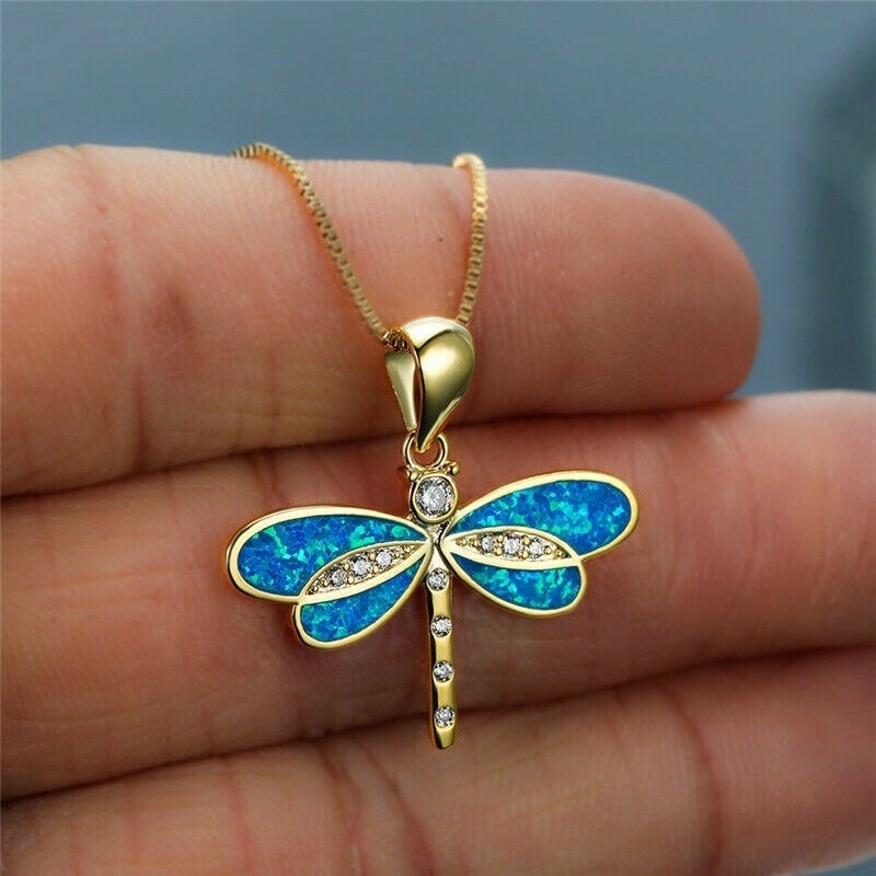 Opal-Embellished Dragonfly Gold Necklace