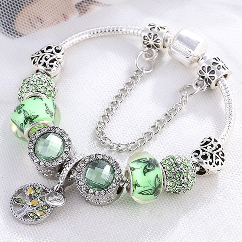Green Crystal-Embellished Silver Bracelet