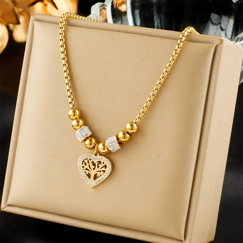 Tree of Life Gold Heart Necklace with Zirconia