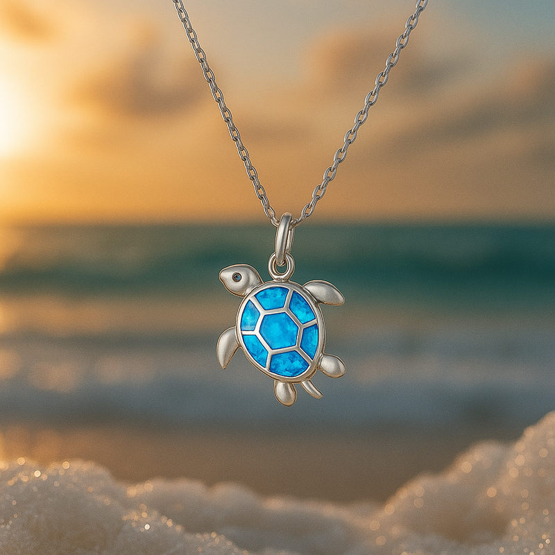 Blue Opal Turtle Silver Pendant Necklace