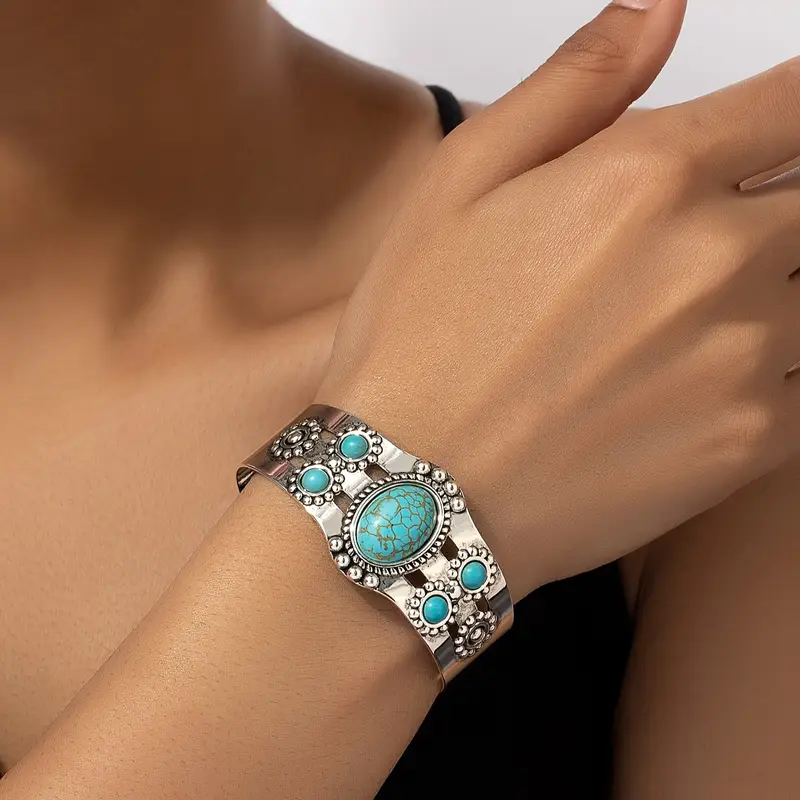 Vintage-Inspired Silver Bracelet Featuring Blue Opal